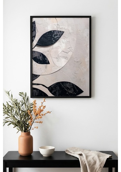 Doğal Ahşap Çerçeveli Minimal Yaprak Desenli Tablo - Pastel Huhu1282