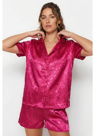 Rosé Heart Saten Şortlu Pijama Takımı Pembe