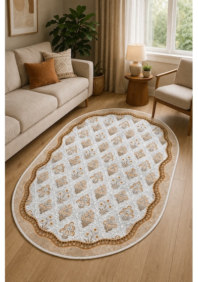 Floral Desen Çerçeveli Oval Baskılı Kaymaz Yıkanabilir Salon Oturma Odası Mutfak Antre Halısı Kahverengi