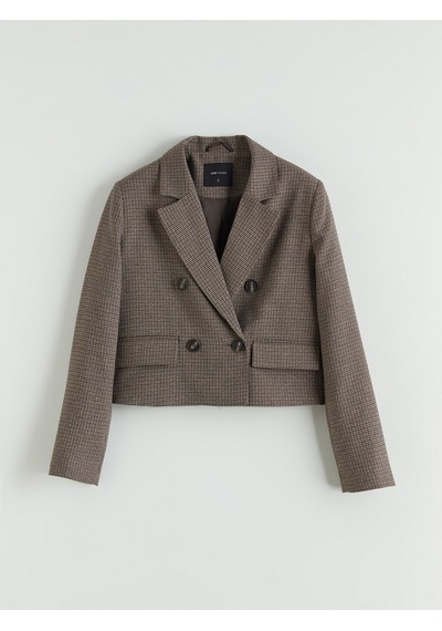 Lcw Vision Kahverengi Kazayağı Desenli Crop Kadın Blazer Ceket