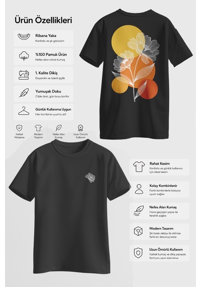 Spoyi Sunset Bloom Tasarımlı %100 Pamuk Yarım Oversize Siyah T-shirt