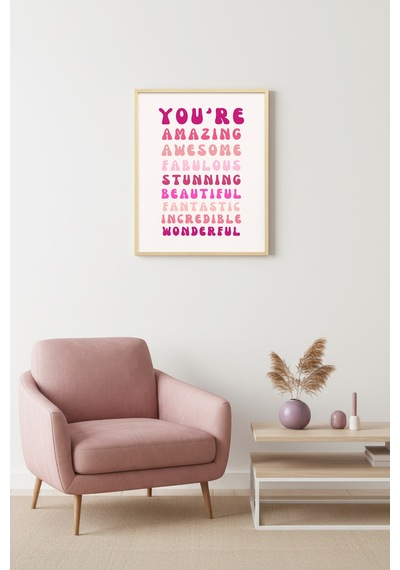 Doğal Ahşap Çerçeveli Retro Tipografi Tablo - Pembe Kelimelerle Pozitif Mesaj Huhu2437