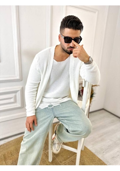 Elku Moda Hırka Örgülü Şal Yaka Mevsimlik Tüylenmez Örgü Triko Hırka Beyaz