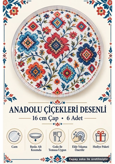 6'lı Cam Tatlı Tabağı - Anadolu Çiçekleri Desenli 16 Cm - 6 Adet Pasta Tabak Çok Renkli