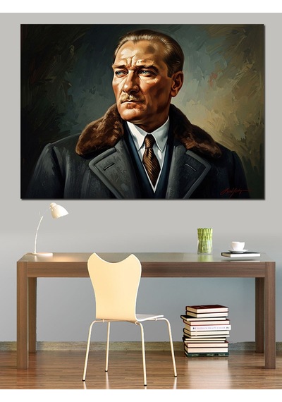 Palto Ve Kürk Giymiş Atatürk Portresi Dekoratif Kanvas - Mdf Ahşap Tablo