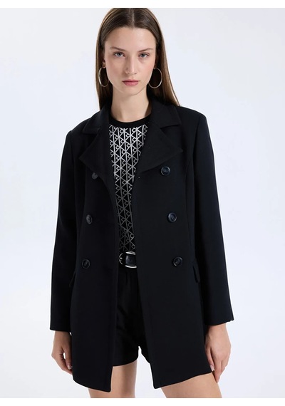 Sisley Viskoz Karışımlı Düğmeli Kruvaze Slim Fit Kaban Kadın Siyah Kaban - 325a2oualn05z