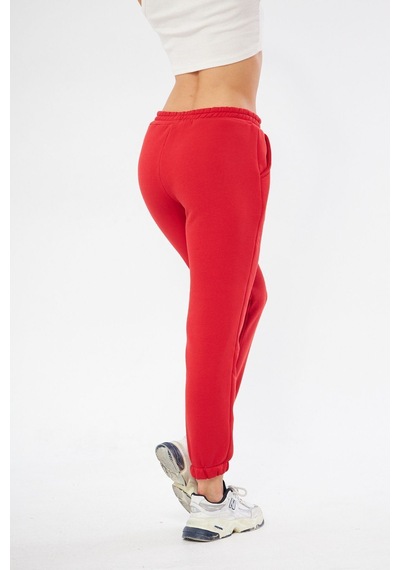 Lesa Wear Yüksel Bel Jogger Şardonlu Eşofman Altı Paçası Lastikli Kırmızı