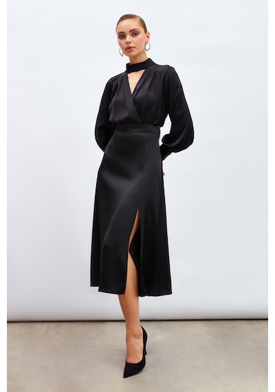 Sateen Yırtmaçlı Saten Etek - Siyah-133207 Siyah