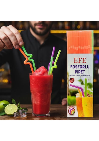 Fosforlu Pipet 24 Cm 225 Li Karışık Renk Kafe Tipi Renkli Uzun Pipet Diğer