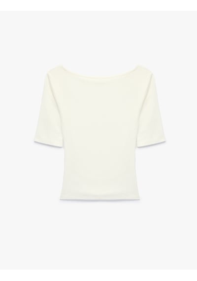 Koton Pamuklu Slim Fit Drapeli Yuvarlak Kayık Yaka Dirsek Boy Tişört Ekru 6sak50518ek