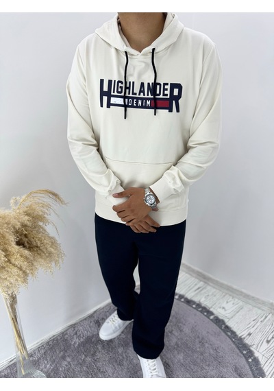 Say-Has Fashion Kapüşonlu Göğüs Baskılı Sweatshirt Bej