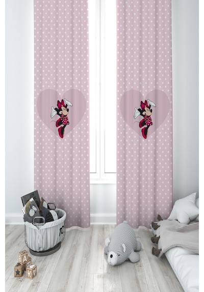 Mekta Home Bebek Ve Çocuk Odası Büyük Kalpli Minnie Mause Ve Puantiyeli 2 Kanat Fon Perde