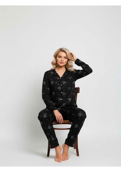 Süet Gömlek Pijama Takımı 7002 Kalp Desenli Siyah