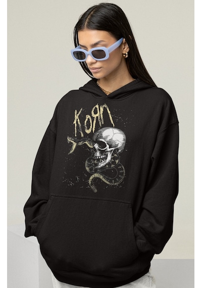 Sevbano Tasarım Korn Rock Metal Müzik Grubu Baskılı Unisex Oversize Hoodi Siyah