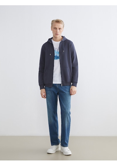 Lcwaıkıkı Classic İndigo Kapüşonlu Uzun Kollu Erkek Fermuarlı Sweatshirt