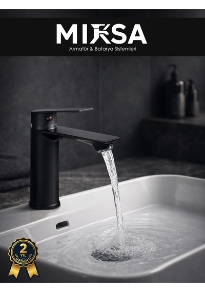 Siyah Sabit Gövde Lüx Banyo Lavabo Musluğu Bataryası