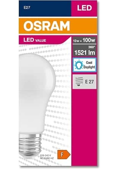 Osram 4052899971042 Led Cla 100 13 W 1521 Lümen 6500 Kelvin Beyaz Işık E27 Duy Ampul, 12x6x6 Cm