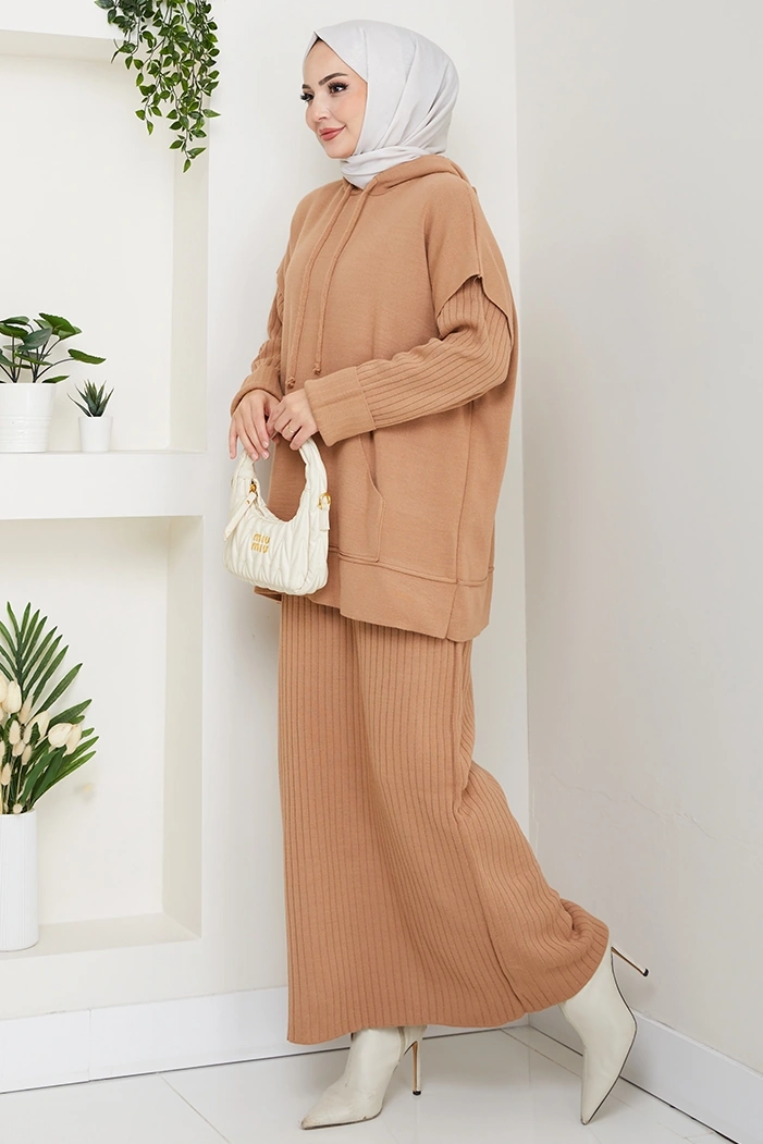 Bestenur Kapüşonlu Tunik Elbise Triko Takım 1645 - Vizon Vizon