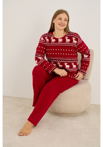 Siyah İnci Geyik Desenli Büyük Beden Polar Kışlık Örme Pijama Takım Bordo