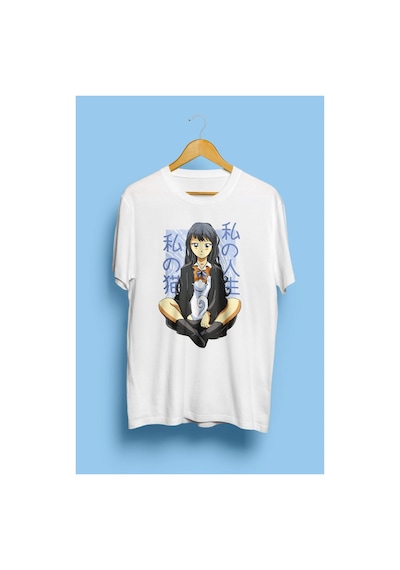Tarzsokak Anime Genç Kız Ve Evcil Kedisi Tasarım Baskılı Unisex Tişört Beyaz