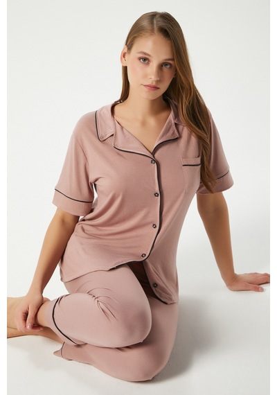 Ritnice Kadın Vanessa Viskon Ön Düğmeli Kısa Kol Biyeli Pudra Alt Üst Pijama Takımı