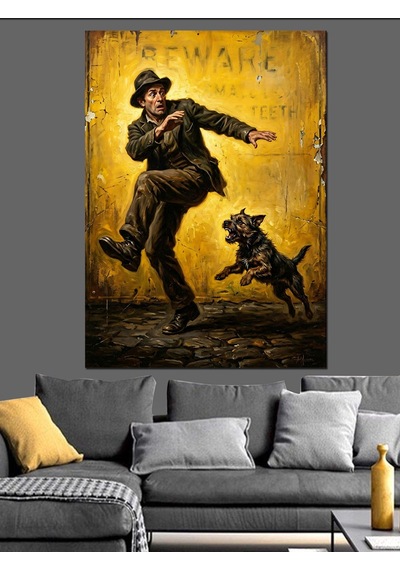 Köpekten Kaçan Adam Komik İllüstrasyon Dekoratif Kanvas - Mdf Ahşap Tablo
