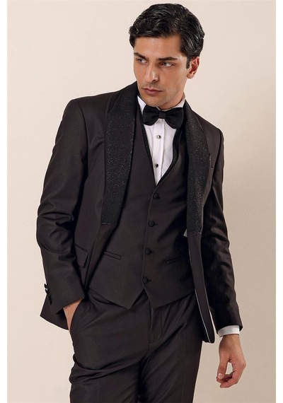 İmza Siyah Desenli Çıkarılabilir Şal Yaka Yelekli 6 Drop Slim Fit Smokin Damatlık Takım 1001230203-Siyah İmza Siyah Desenli Çıkarılabilir Şal Yaka Yelekli 6 Drop Slim Fit Smokin Damatlık Takım 1001230203-Siyah