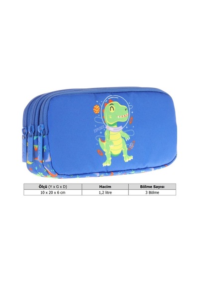 Kaukko Kids Mavi Yeşil, Dinazor, Erkek Çocuk Üç Bölmeli Okul Kalem Çantası - L8262 Mavi - Yeşil