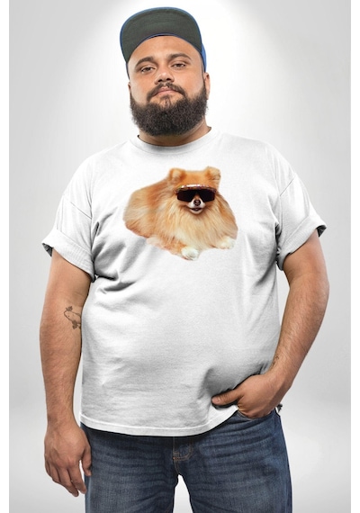 Angemiel Pomernian Köpek Beyaz Büyük Beden Kadın Erkek Ünisex Basic Ön Baskılı Tişört Beyaz