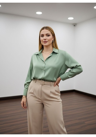 Pera Moda Büyük Beden İpek Saten Klasik Gömlek Çağla