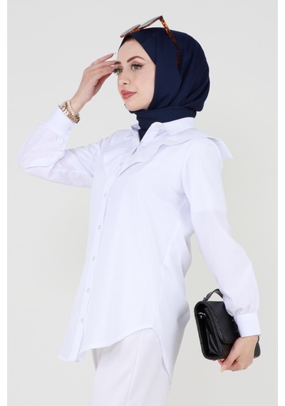 Sevitli Yakası Kat Detaylı Poplin Tunik-beyaz-3520-beyaz Beyaz