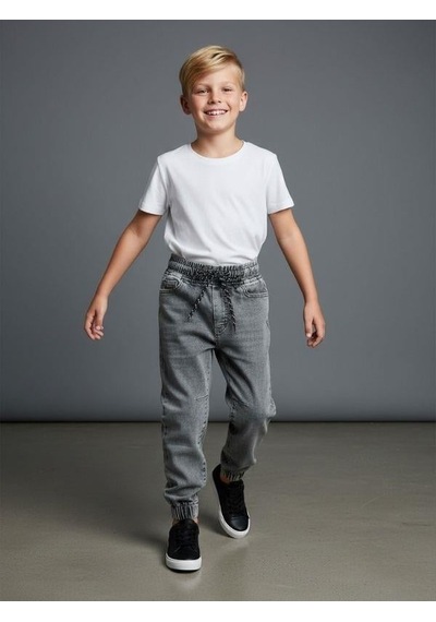 Zekids Erkek Çocuk Yumuşak Dokulu Beli Paçası Lastikli Kot Pantolon-16661 Mavi