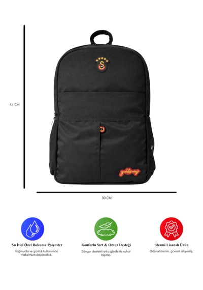 Galatasaray Lisanslı Su İtici Kumaşlı Siyah Sırt Çantası - Laptop Bölmeli