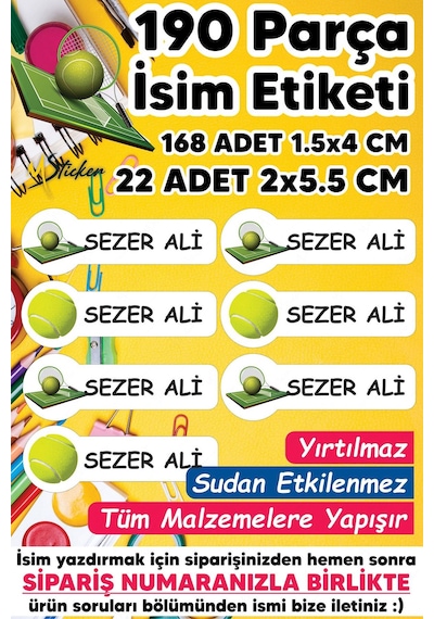 Okul Etiketi Kalem Defter Etiketi Tenis Temalı Isim Yazılabilen Etiket - 190 Adet