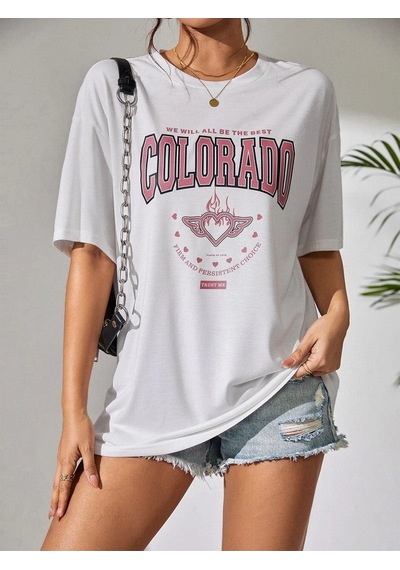Beyaz Oversize Pembe Colorado Baskılı T-shirt - Oversize Baskılı Beyaz