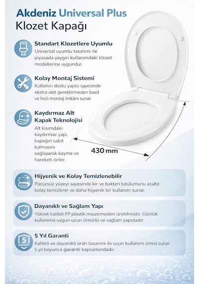 Akdeniz Universal Klozet Kapağı Her Modelle Uyumlu, Kaydırmaz Alt Kapaklı, Kolay Montajlı, Ko Beyaz