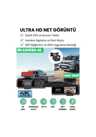 Wifi Çift Ön Arka 4k Araç İçi Güvenlik Kamerası + Park Modu Kablosu Çift Kamera Kayıt Cihazı Gps Gece Görüşü Mikrofonlu Dash Cam - G5v