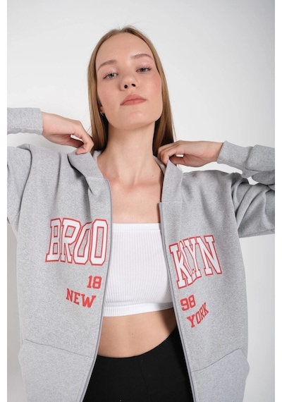 Tarzsokak Kadın Gri Brooklyn Baskılı Oversize Hırka Brooklynhırka