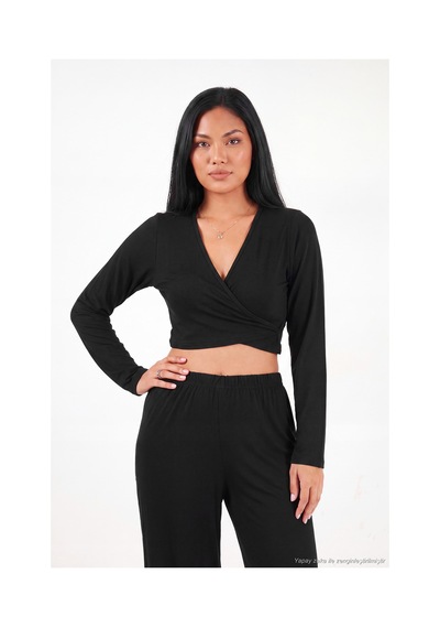 Lela V Yaka Kruvaze Bağlamalı Crop Üst Ve Jogger Alt Pijama Takımı Kadın Pijama Takımı 65780019 Siyah