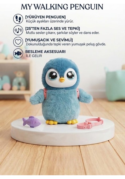 Gioc-hi Prezi-osi Lisanslı Sevimli Yürüyen Peluş Penguen 25+ Ses Ve İfadeli Tasmalı Akıllı Penguen