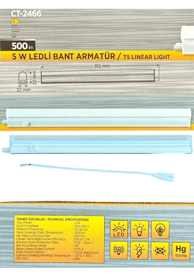Cata Ct-2466 5w 3200k Günışığı Ledli Bant Armatür 10 Adet Beyaz