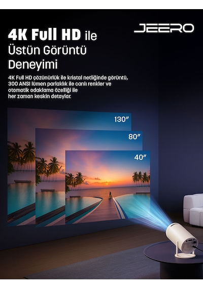 Jeero Hy300pro White 1080 Pixel Multimedia Ultra Hd Android 12 Projeksiyon Cihazı Türkçe Menü