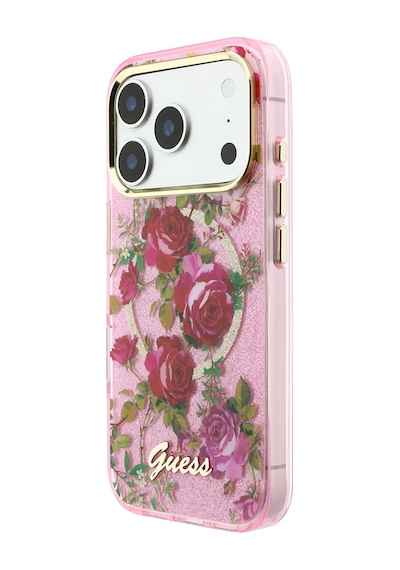 Apple iPhone 18 Pro Uyumlu Kılıf Guess Lisanslı M-safeli Gül Desenli Simli Yazı Logolu Kapak Pembe