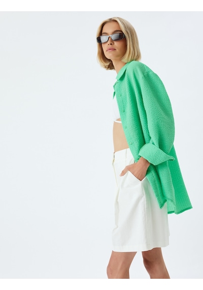 Koton Oversize Gömlek Dokulu Uzun Kollu Yeşil 4sak60179ew Yeşil