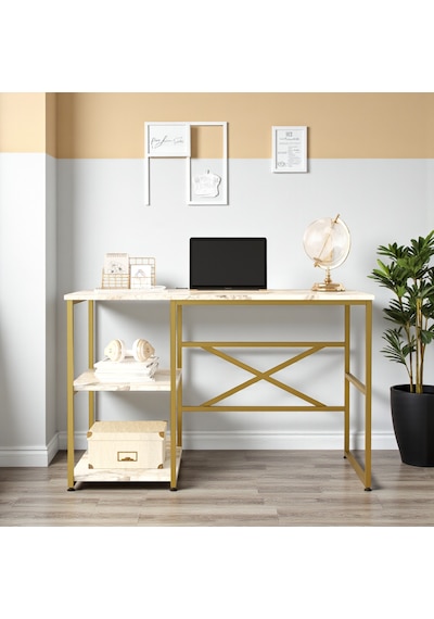 Robin Home Gold Metal Çalışma Masası Raflı 120cm Mermer Desen Mermer