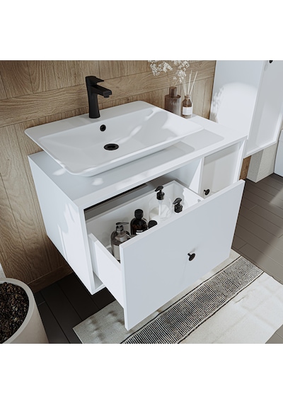 Lavabolu Mat Mdf 90 Cm Çekmeceli Dolabı + Aynalı Dolabı Beyaz Mat Beyaz