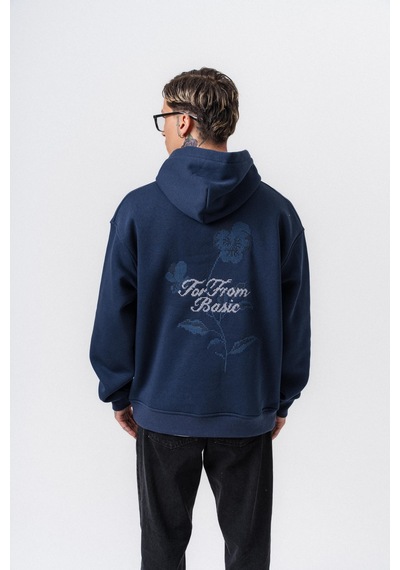 Respire Erkek Far From Basic Nakışlı Kapüşonlu Oversize Hoodie Lacivert