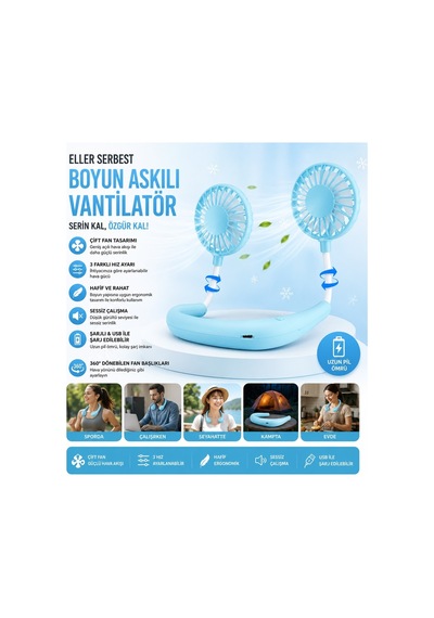 F3 Boyun Askılı Vantilatör Serinletici Fan Çift Fan Tasarımlı Boyunluk Vantilatör 3 Kademe Hız Ayarlı Şarjlı Mini Klima Pervane