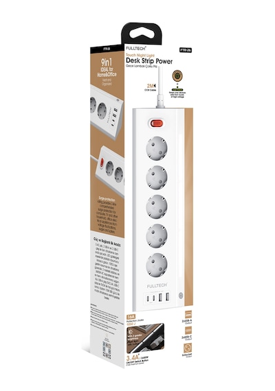 Fulltech FTR-26 Akım Korumalı Priz Beyaz 9’lu (5 Priz + 2 USB-A + 2 USB-C) 3680W 16A, 2 Metre Kablolu, Gece Lambalı Çoklu Priz -