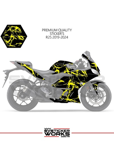 Yamaha R25 2019-2024 Kaplama Sticker Şimşek Yıldırım Motor Kaplama Modeli Hazır Kit 2019 / 2023 Uyumlu Sarı